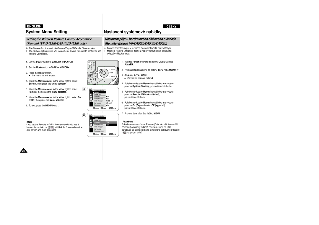 Samsung VP-M110R/XEV manual PoloÏku Remote Dálkové ovládání, Poté ovladaã stisknûte, PoloÏku On Zapnout nebo Off Vypnout 