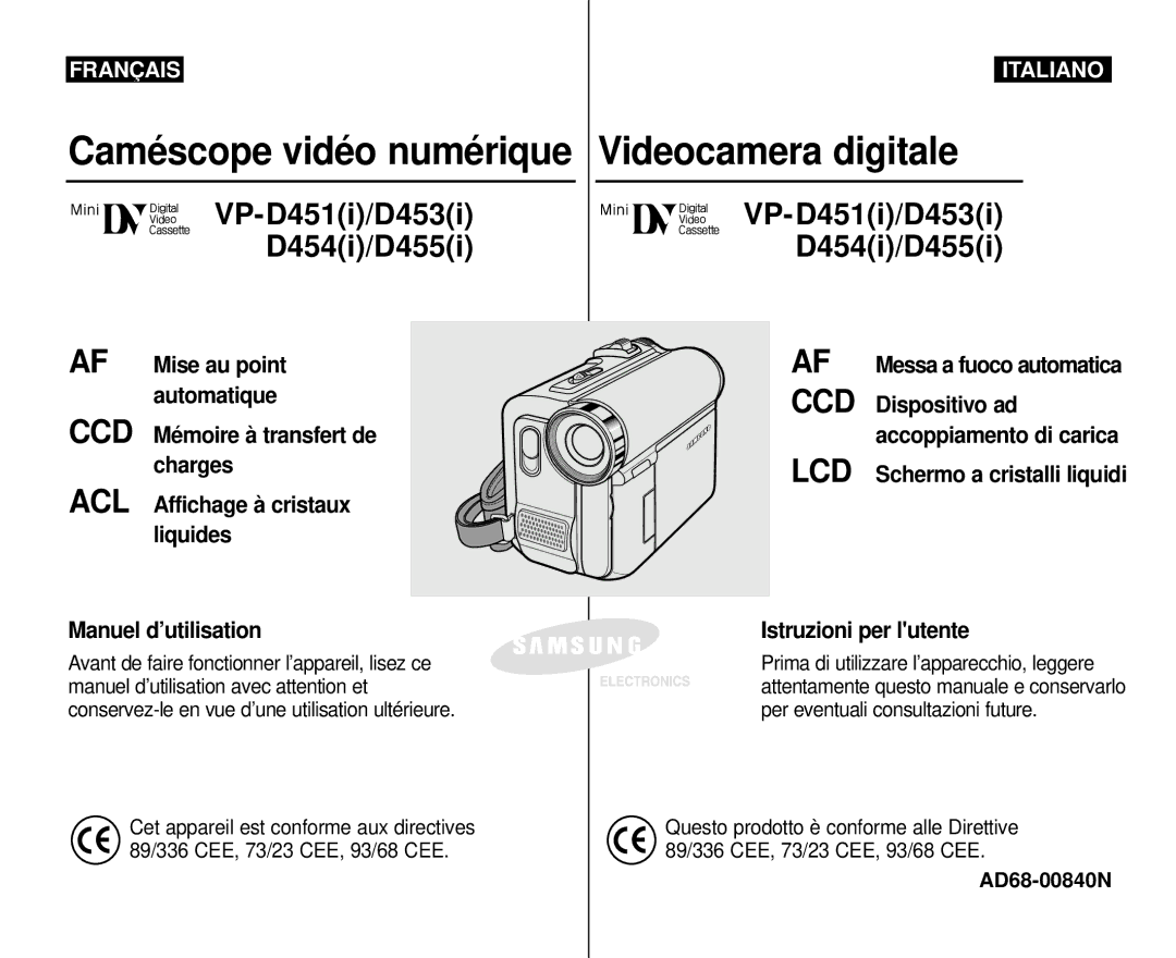 Samsung VP-M110R/XEF manual Caméscope vidéo numérique, VP-D451i/D453i D454i/D455i 