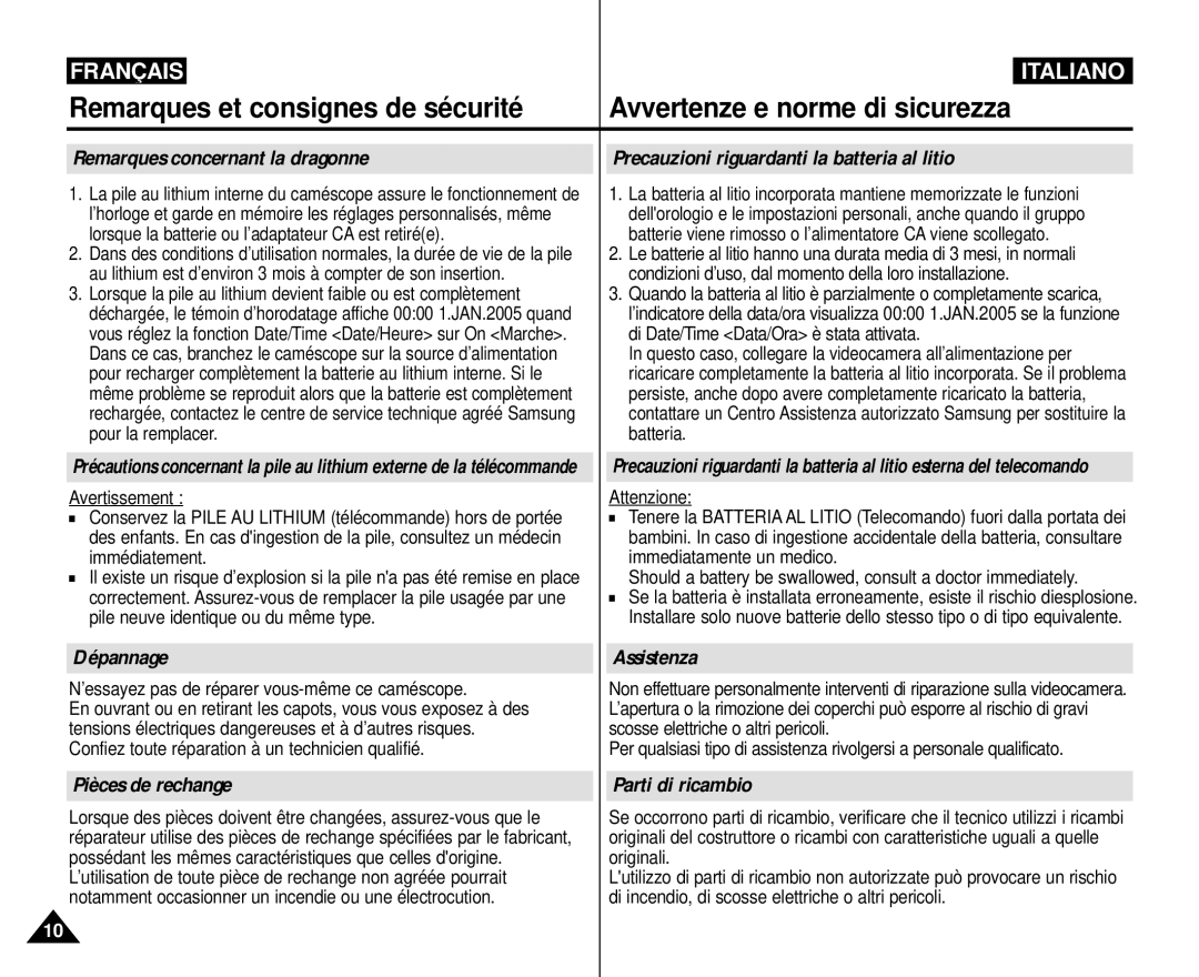 Samsung VP-M110R/XEF manual Dépannage, Pièces de rechange, Assistenza, Parti di ricambio 