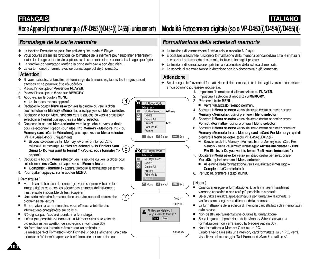 Samsung VP-M110R/XEF Attenzione, Memory Memoria , quindi premere il Menu selector, Yes Sì quindi premere il Menu selector 