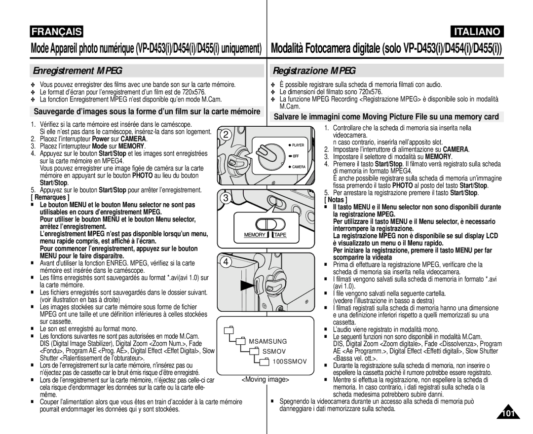 Samsung VP-M110R/XEF manual Enregistrement Mpeg, Start/Stop, Remarques Notas 