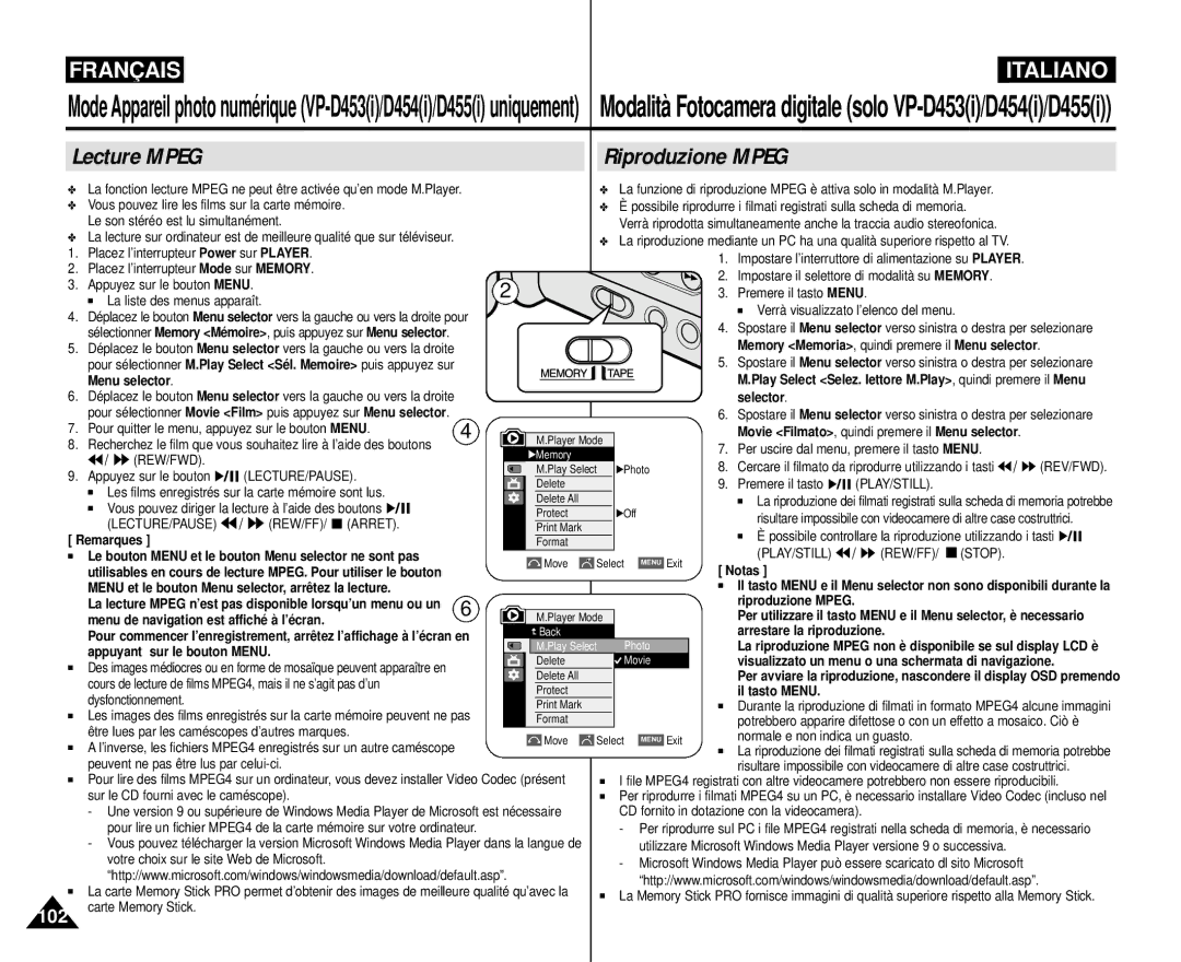 Samsung VP-M110R/XEF manual Lecture Mpeg Riproduzione Mpeg 