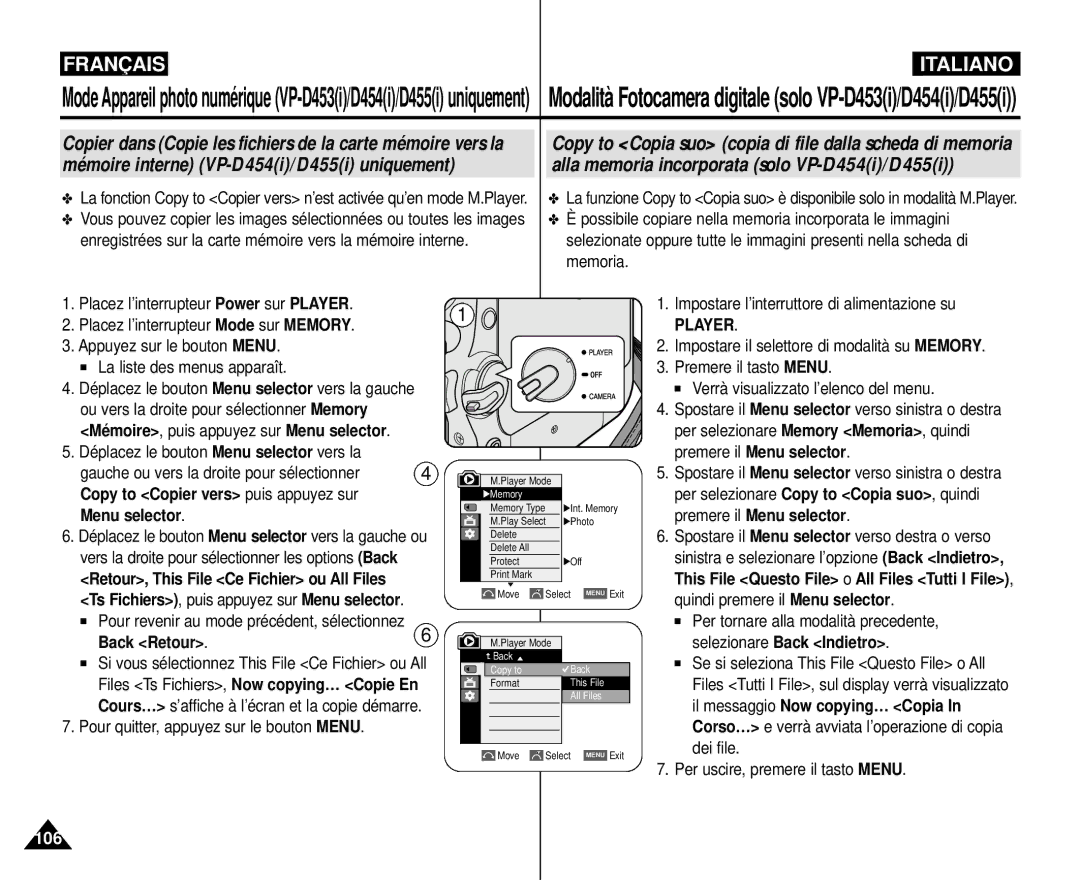 Samsung VP-M110R/XEF manual Back Retour, Copy to Copier vers puis appuyez sur, Ts Fichiers, puis appuyez sur Menu selector 