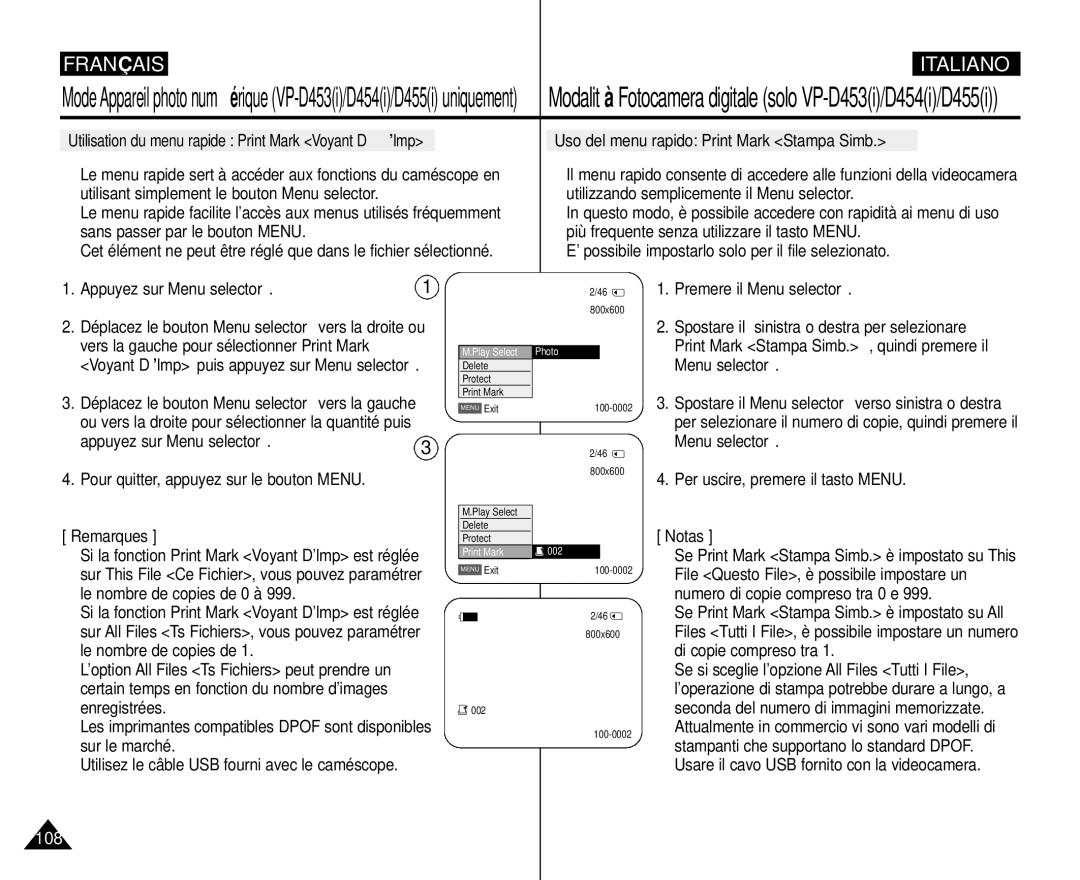 Samsung VP-M110R/XEF manual Uso del menu rapido Print Mark Stampa Simb, Remarques 