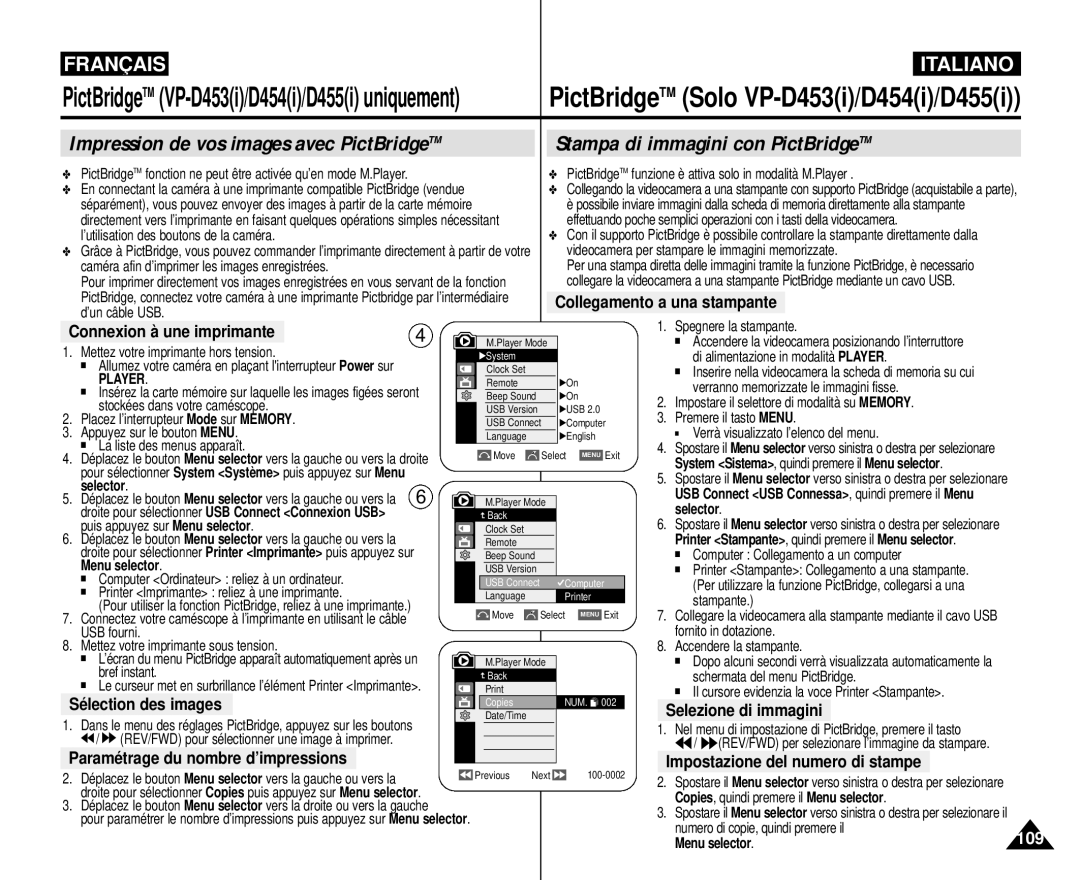 Samsung VP-M110R/XEF manual Connexion à une imprimante, Sélection des images, Selezione di immagini 