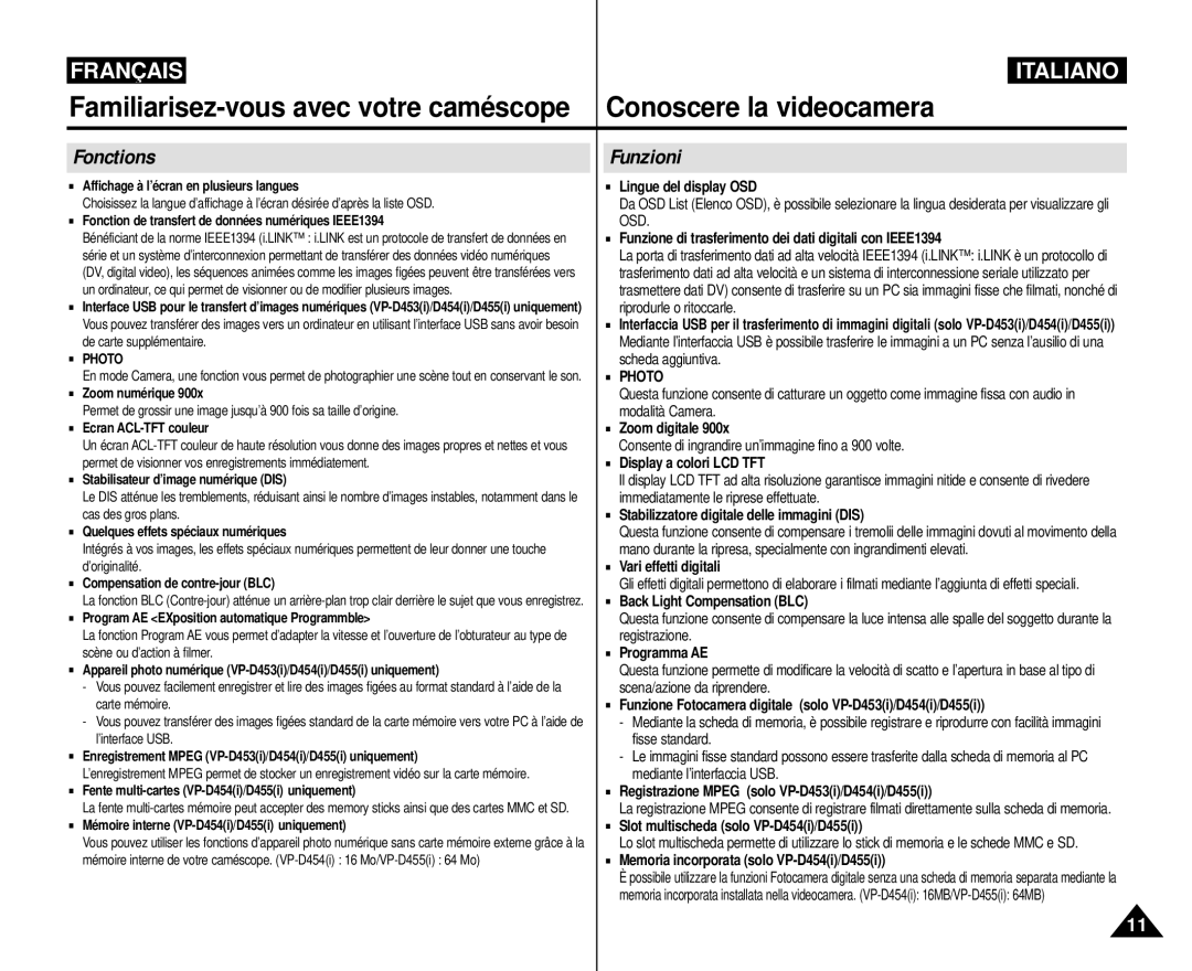 Samsung VP-M110R/XEF manual Fonctions, Funzioni 