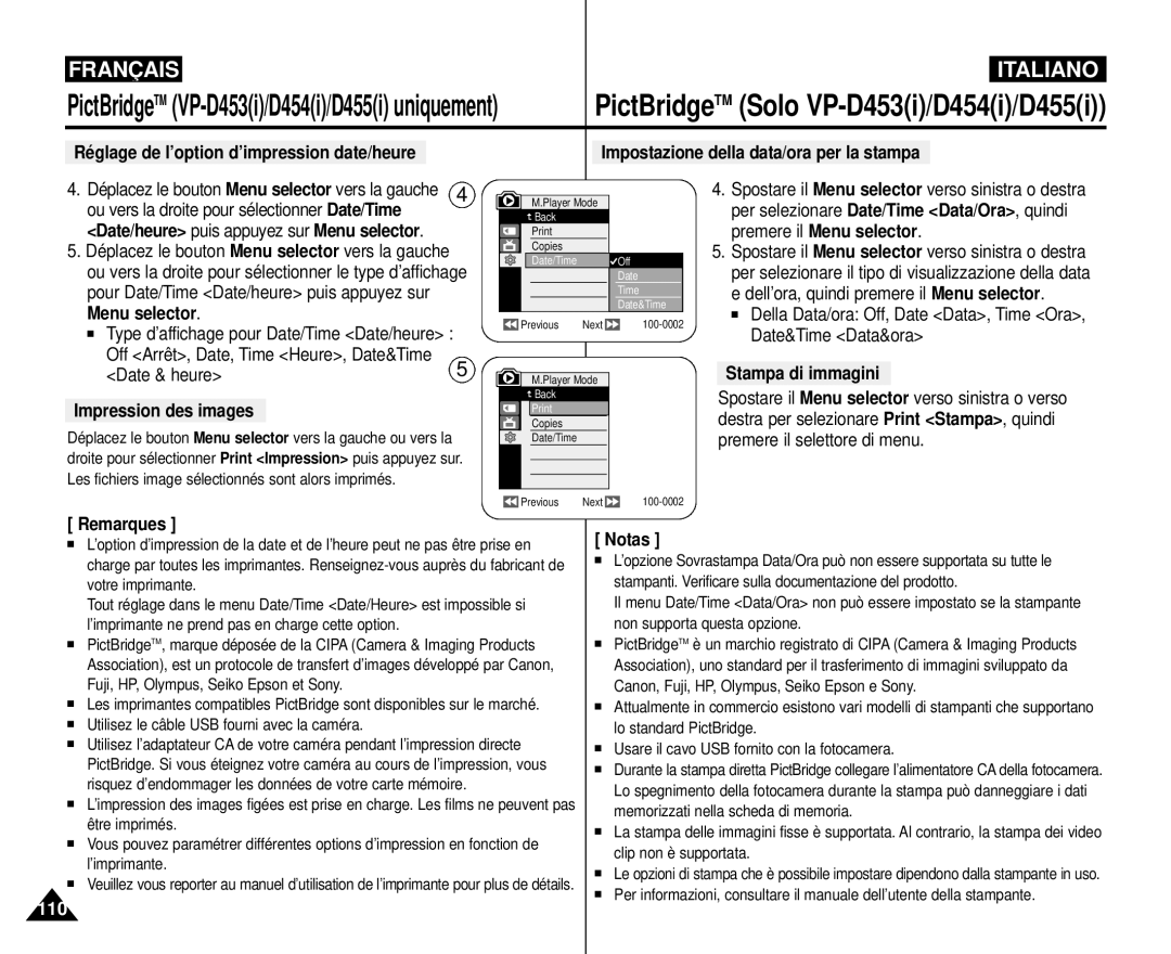 Samsung VP-M110R/XEF manual Impression des images, Stampa di immagini, Utilisez le câble USB fourni avec la caméra 