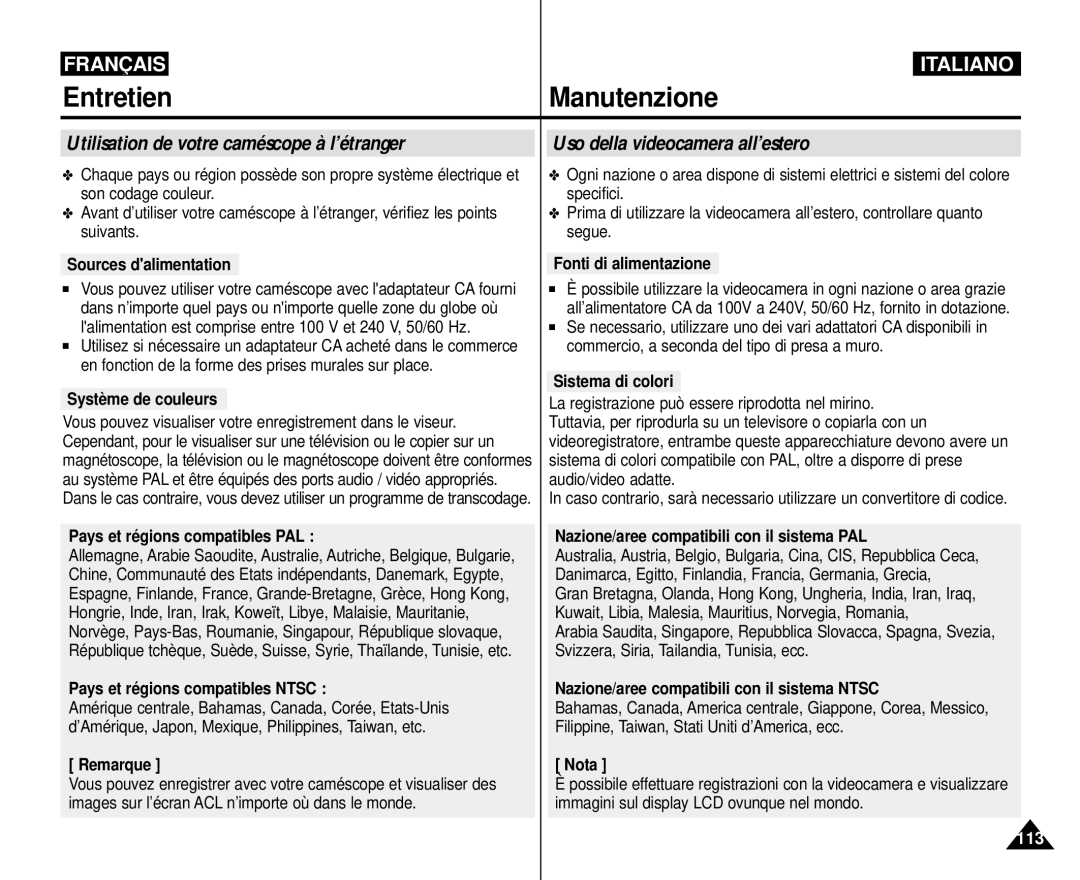 Samsung VP-M110R/XEF Sources dalimentation, Fonti di alimentazione, Système de couleurs, Pays et régions compatibles PAL 