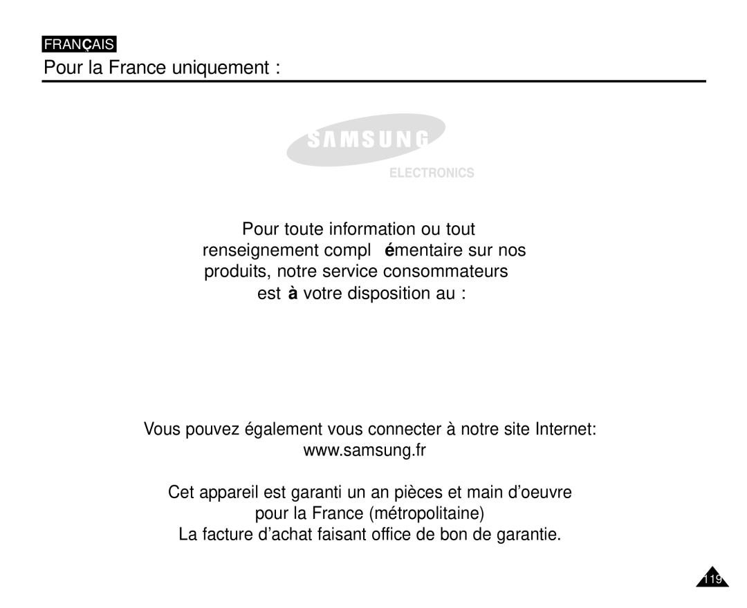 Samsung VP-M110R/XEF manual Pour la France uniquement, Pour toute information ou tout 