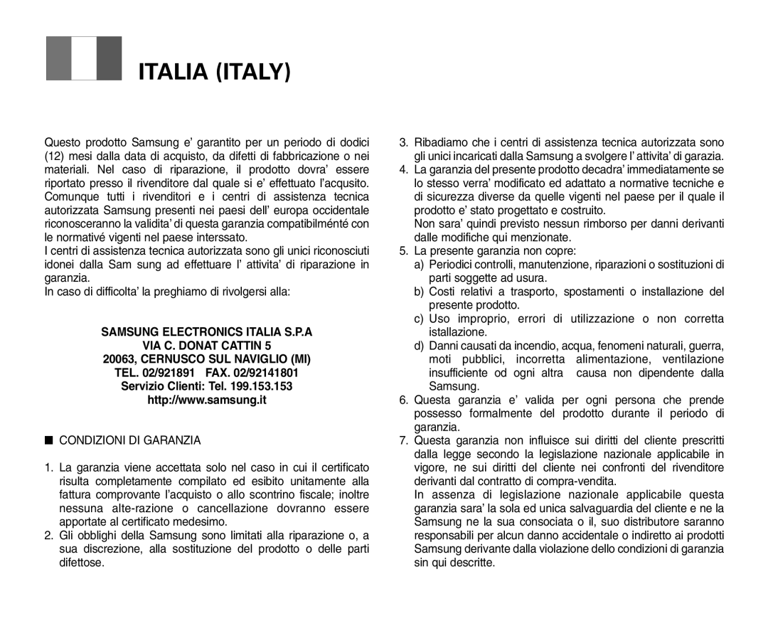 Samsung VP-M110R/XEF manual Italia Italy 