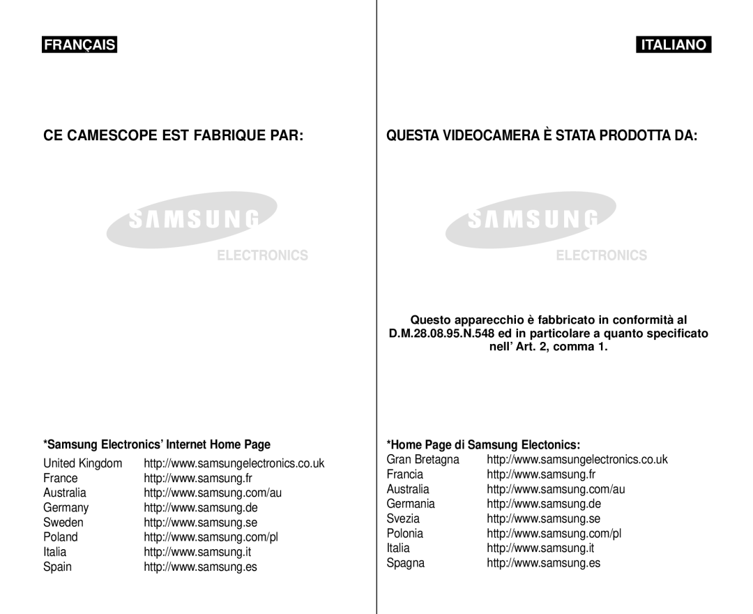 Samsung VP-M110R/XEF manual CE Camescope EST Fabrique PAR, Samsung Electronics’ Internet Home 