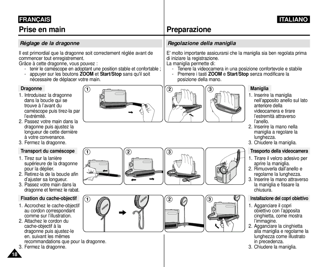 Samsung VP-M110R/XEF Réglage de la dragonne Regolazione della maniglia, Dragonne, Maniglia, Trasporto della videocamera 