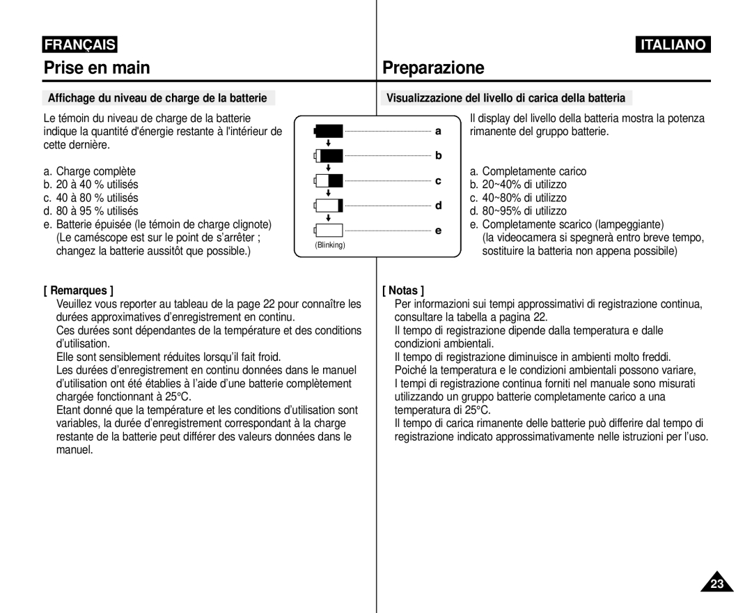 Samsung VP-M110R/XEF Affichage du niveau de charge de la batterie, Visualizzazione del livello di carica della batteria 