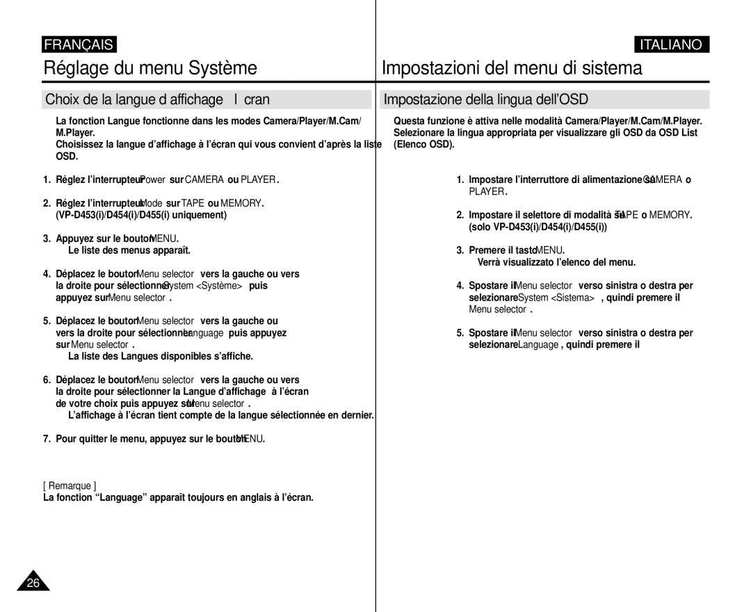 Samsung VP-M110R/XEF manual Réglage du menu Système Impostazioni del menu di sistema, Impostazione della lingua dellOSD 