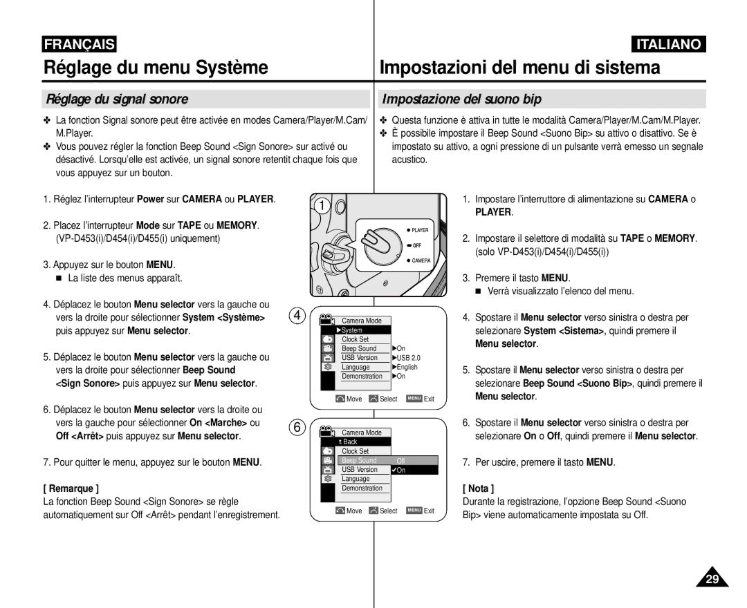 Samsung VP-M110R/XEF manual Réglage du signal sonore Impostazione del suono bip, Acustico 