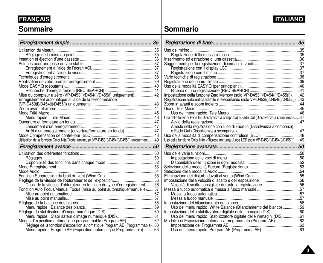 Samsung VP-M110R/XEF manual Sommaire Sommario, Enregistrement automatique à l’aide de la télécommande 