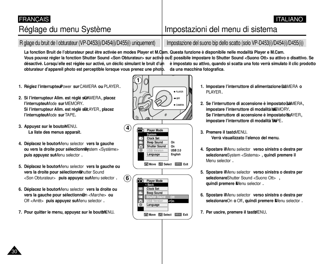 Samsung VP-M110R/XEF manual Impostare l’interruttore di modalità su Memory, Impostare l’interruttore di modalità su Tape 