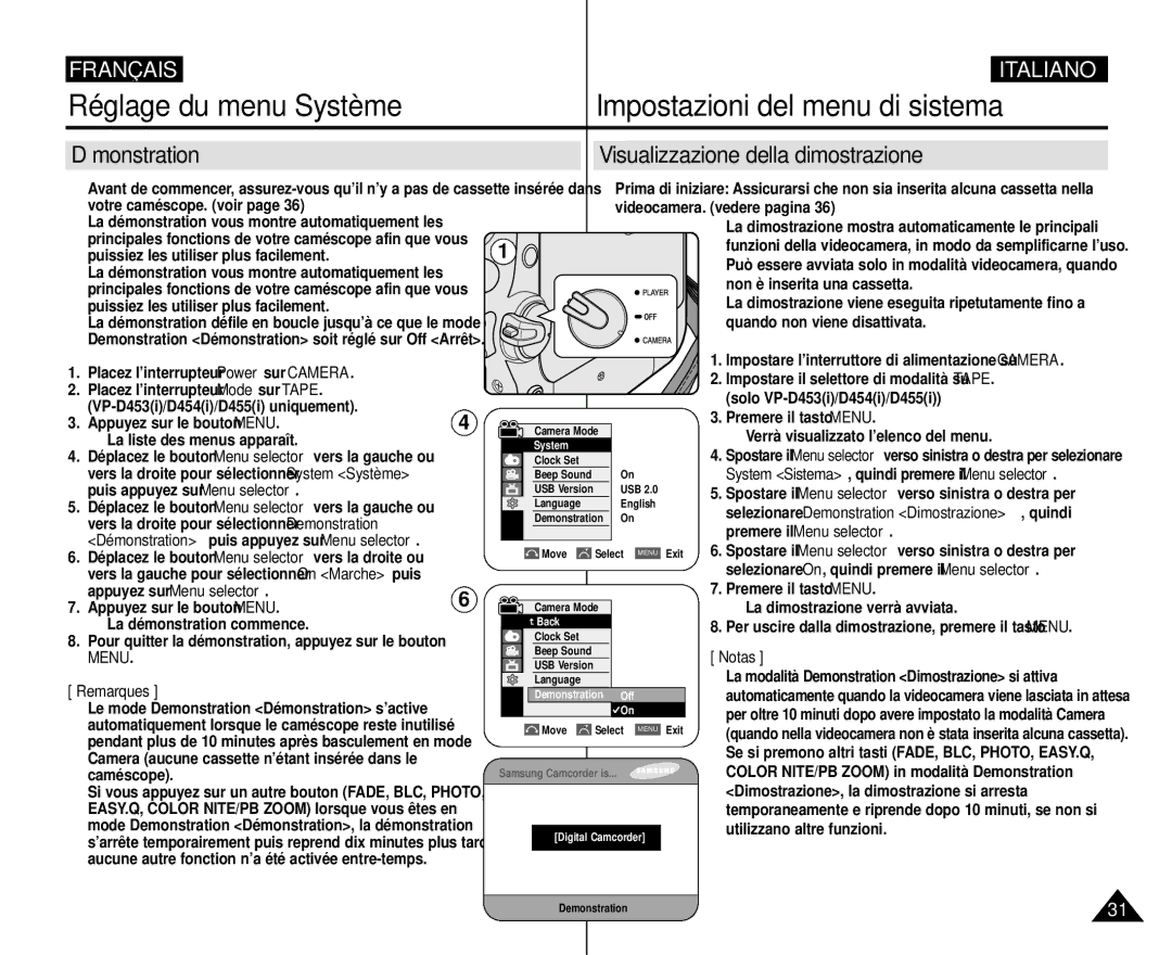 Samsung VP-M110R/XEF manual Démonstration Visualizzazione della dimostrazione 