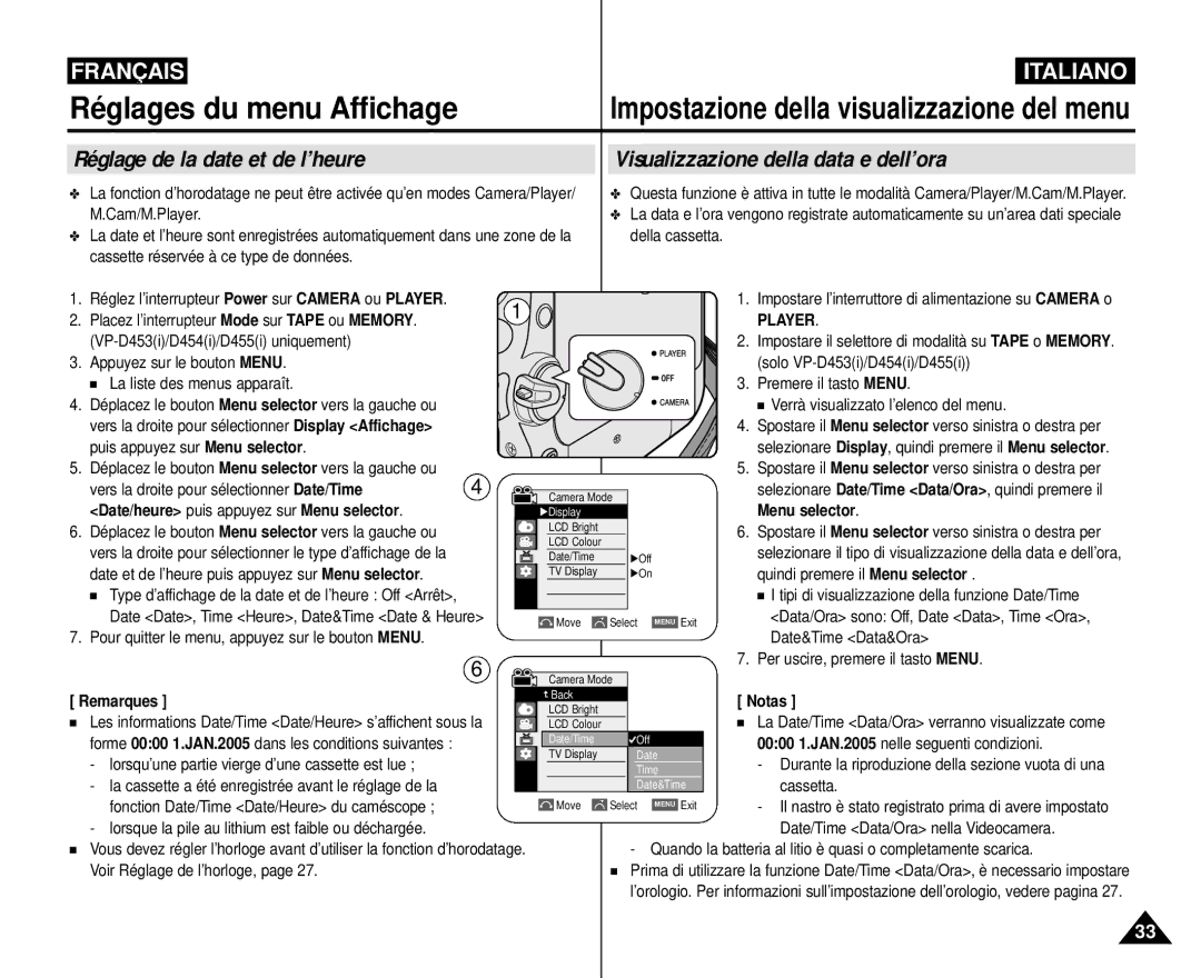 Samsung VP-M110R/XEF manual Réglage de la date et de l’heure, Visualizzazione della data e dell’ora 