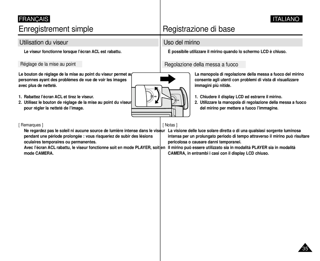 Samsung VP-M110R/XEF manual Enregistrement simple Registrazione di base, Utilisation du viseur Uso del mirino 