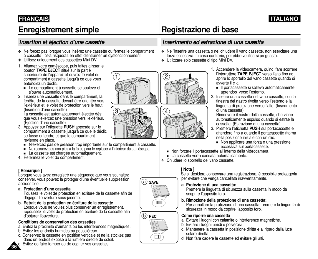 Samsung VP-M110R/XEF manual Protection d’une cassette, Save REC Nota, Protezione di una cassetta, Come riporre una cassetta 