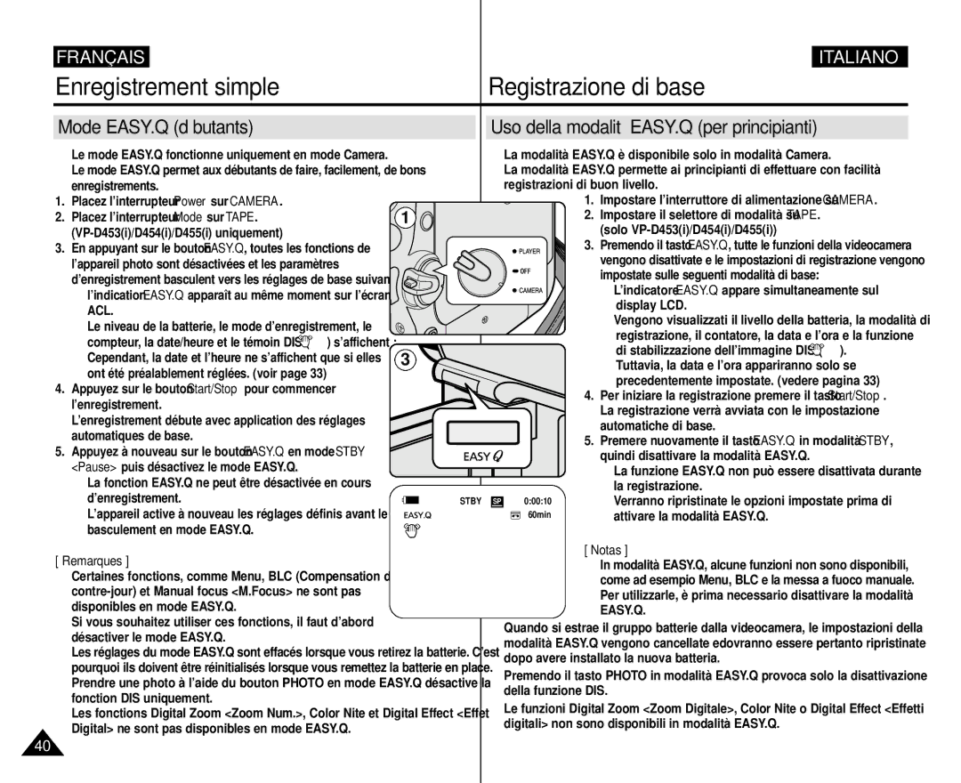 Samsung VP-M110R/XEF ’appareil photo sont désactivées et les paramètres, Automatiques de base, Basculement en mode EASY.Q 