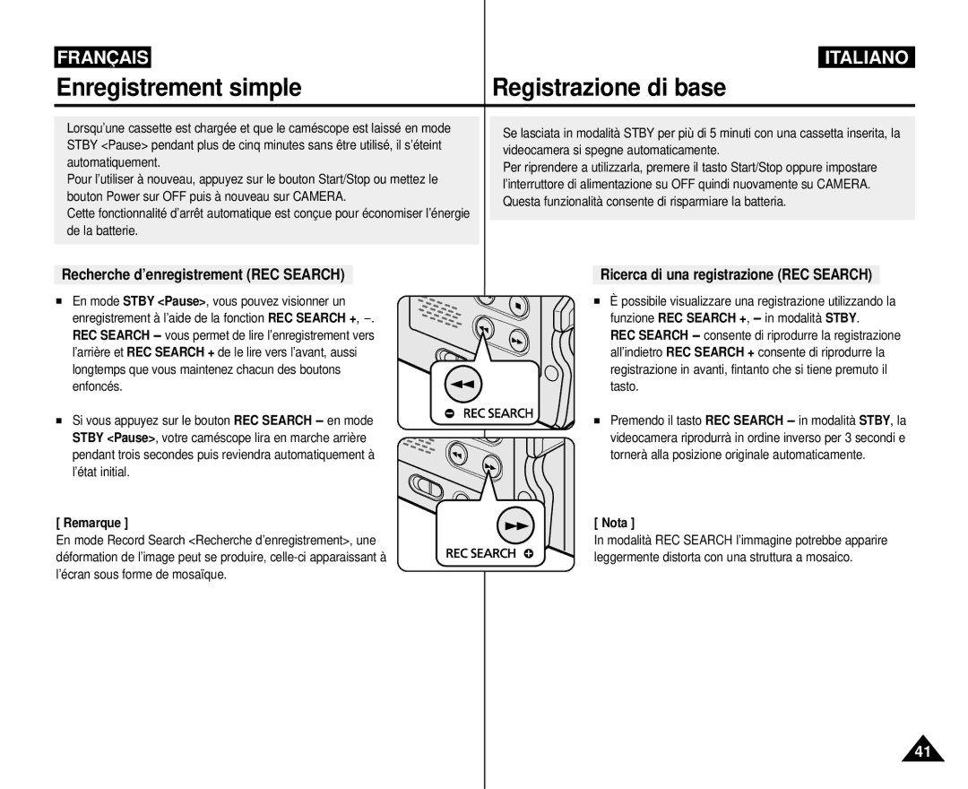 Samsung VP-M110R/XEF manual Recherche d’enregistrement REC Search, Ricerca di una registrazione REC Search 