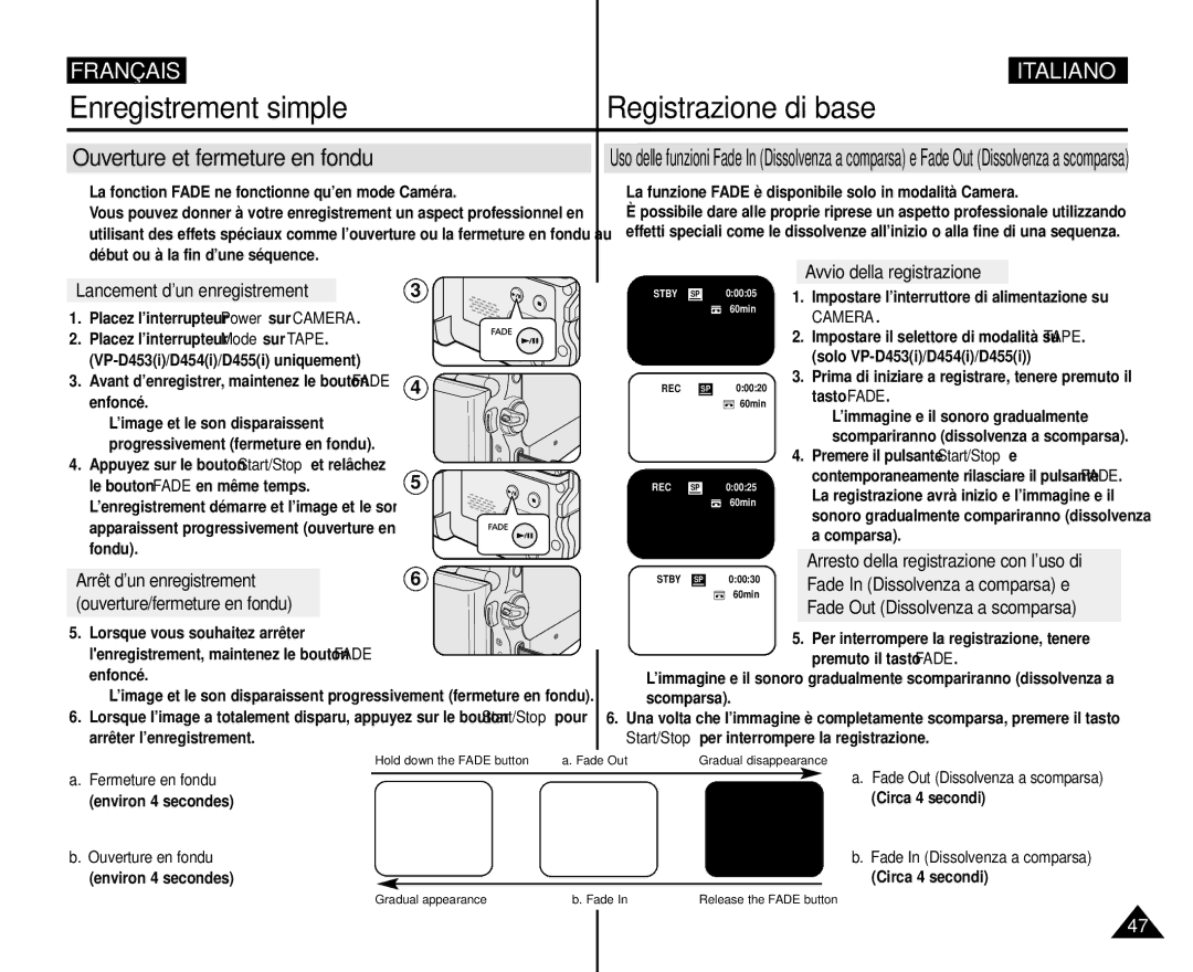 Samsung VP-M110R/XEF manual Ouverture et fermeture en fondu, Lancement d’un enregistrement, Avvio della registrazione 