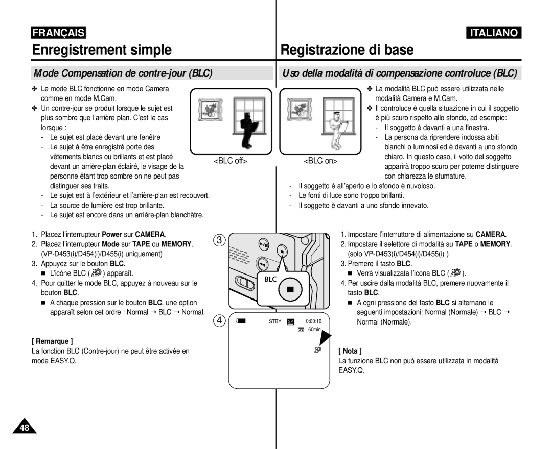 Samsung VP-M110R/XEF manual Mode Compensation de contre-jour BLC, Uso della modalità di compensazione controluce BLC 