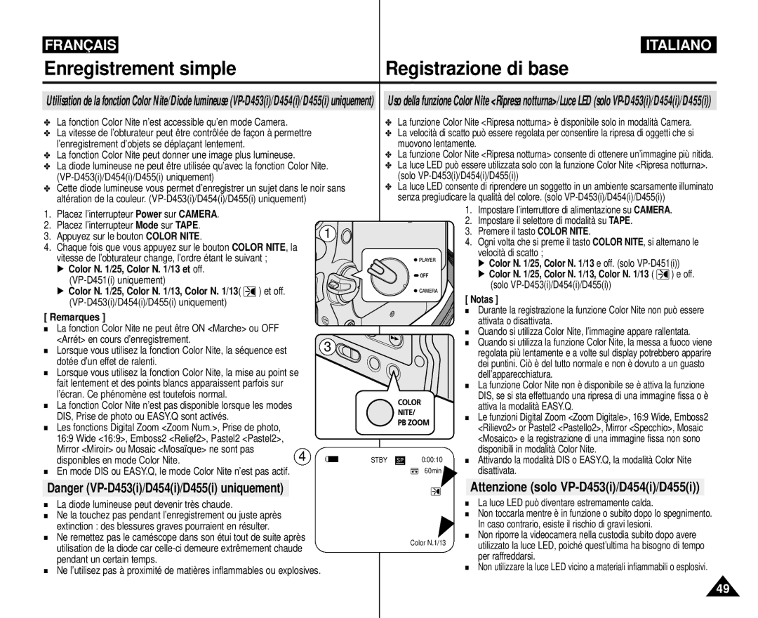 Samsung VP-M110R/XEF manual Attenzione solo VP-D453i/D454i/D455i, √ Color N /25, Color N /13 et off 