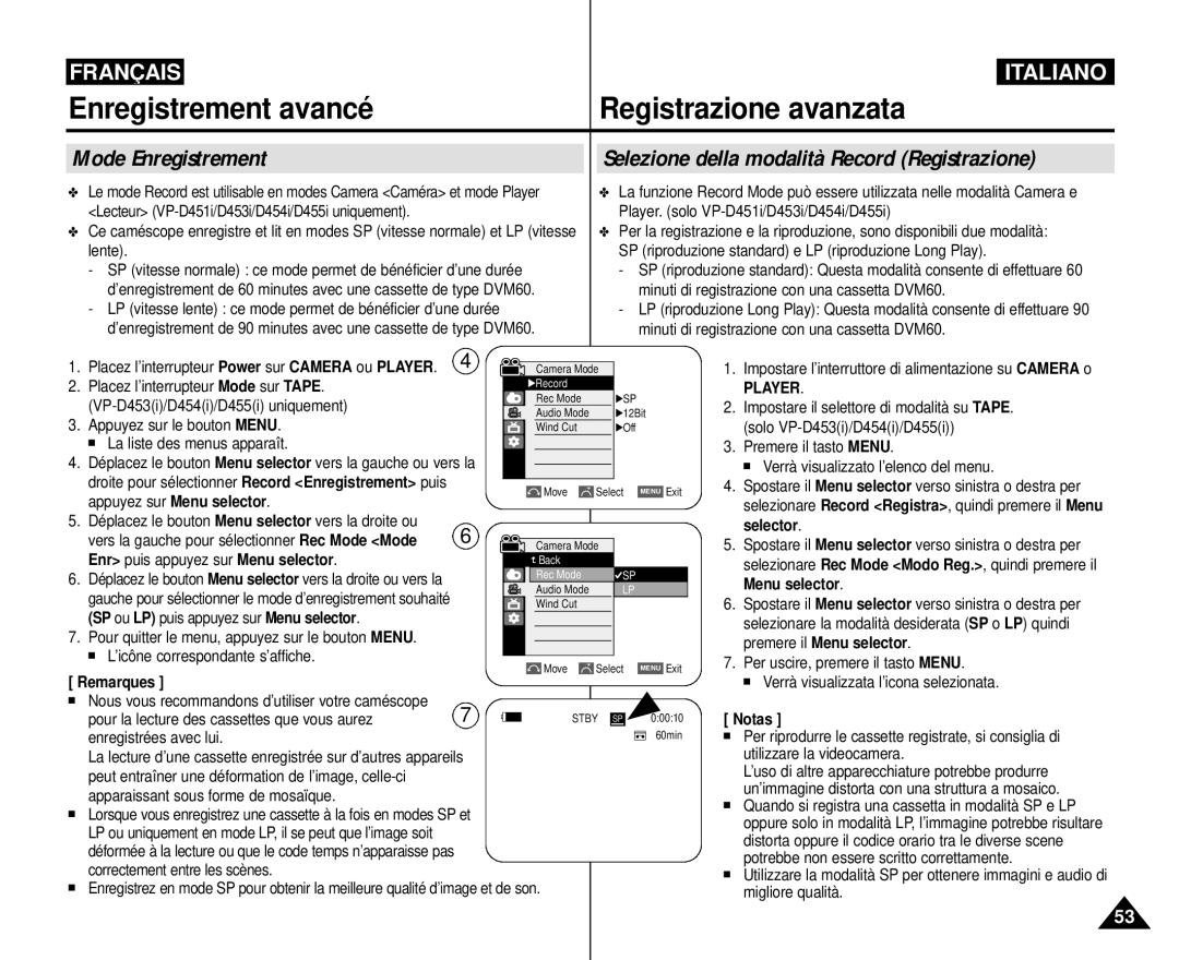 Samsung VP-M110R/XEF Enregistrement avancé Registrazione avanzata, Mode Enregistrement, Enr puis appuyez sur Menu selector 