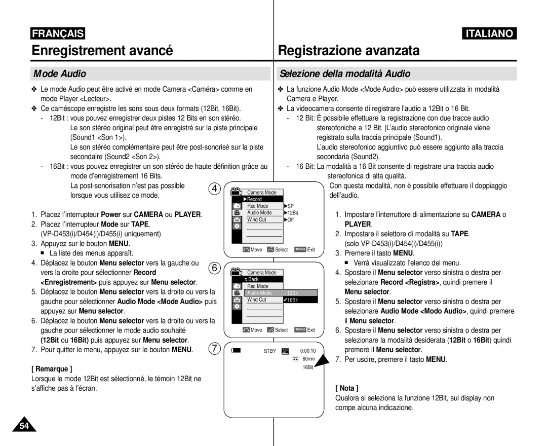 Samsung VP-M110R/XEF manual Mode Audio Selezione della modalità Audio, Il Menu selector, Premere il Menu selector 