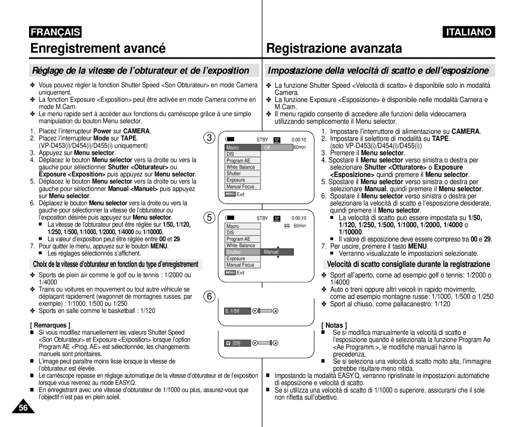 Samsung VP-M110R/XEF manual Velocità di scatto consigliate durante la registrazione 