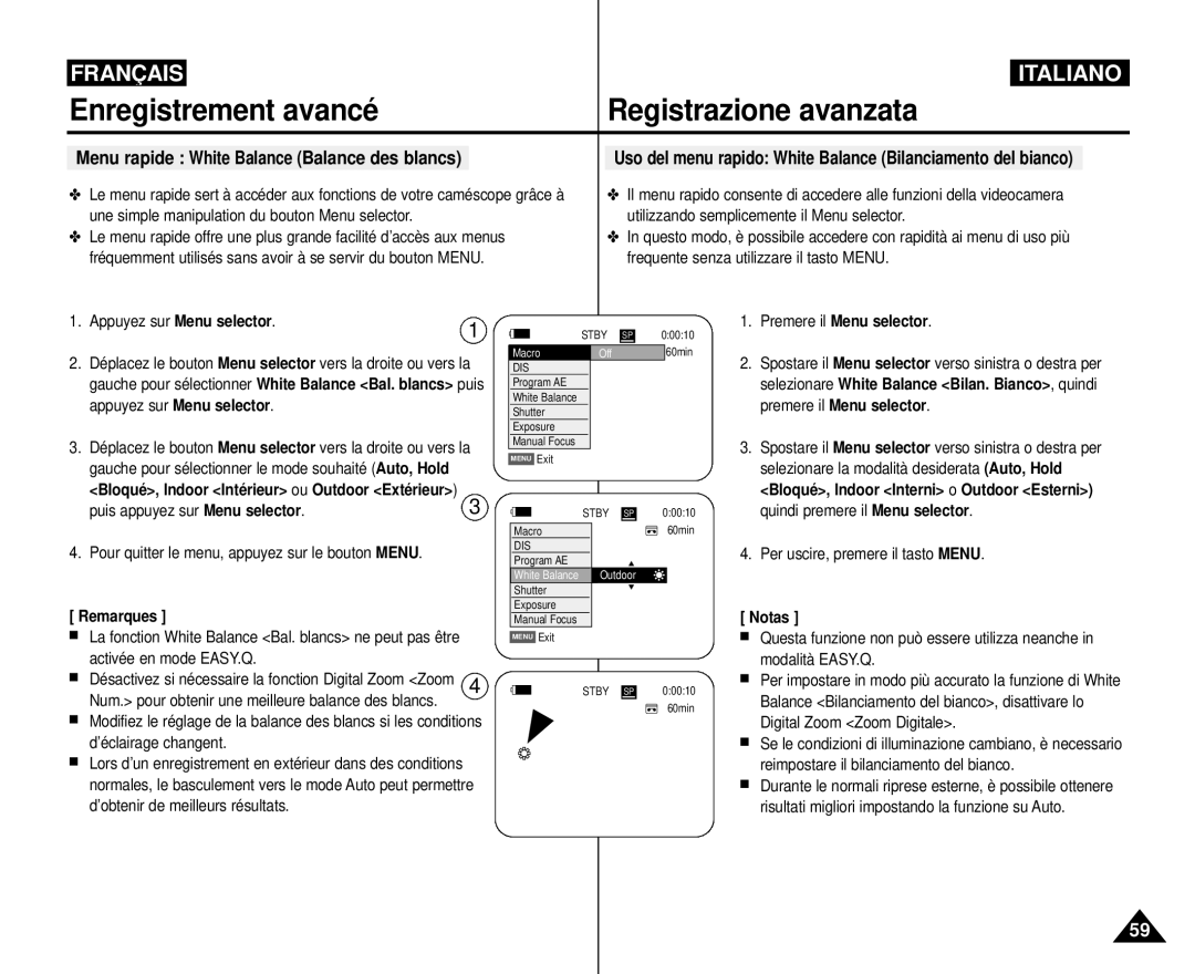 Samsung VP-M110R/XEF manual Menu rapide White Balance Balance des blancs, Puis appuyez sur Menu selector 