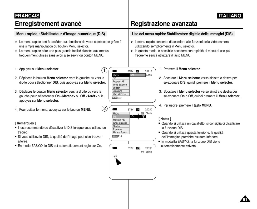 Samsung VP-M110R/XEF manual Menu rapide Stabilisateur d’image numérique DIS 