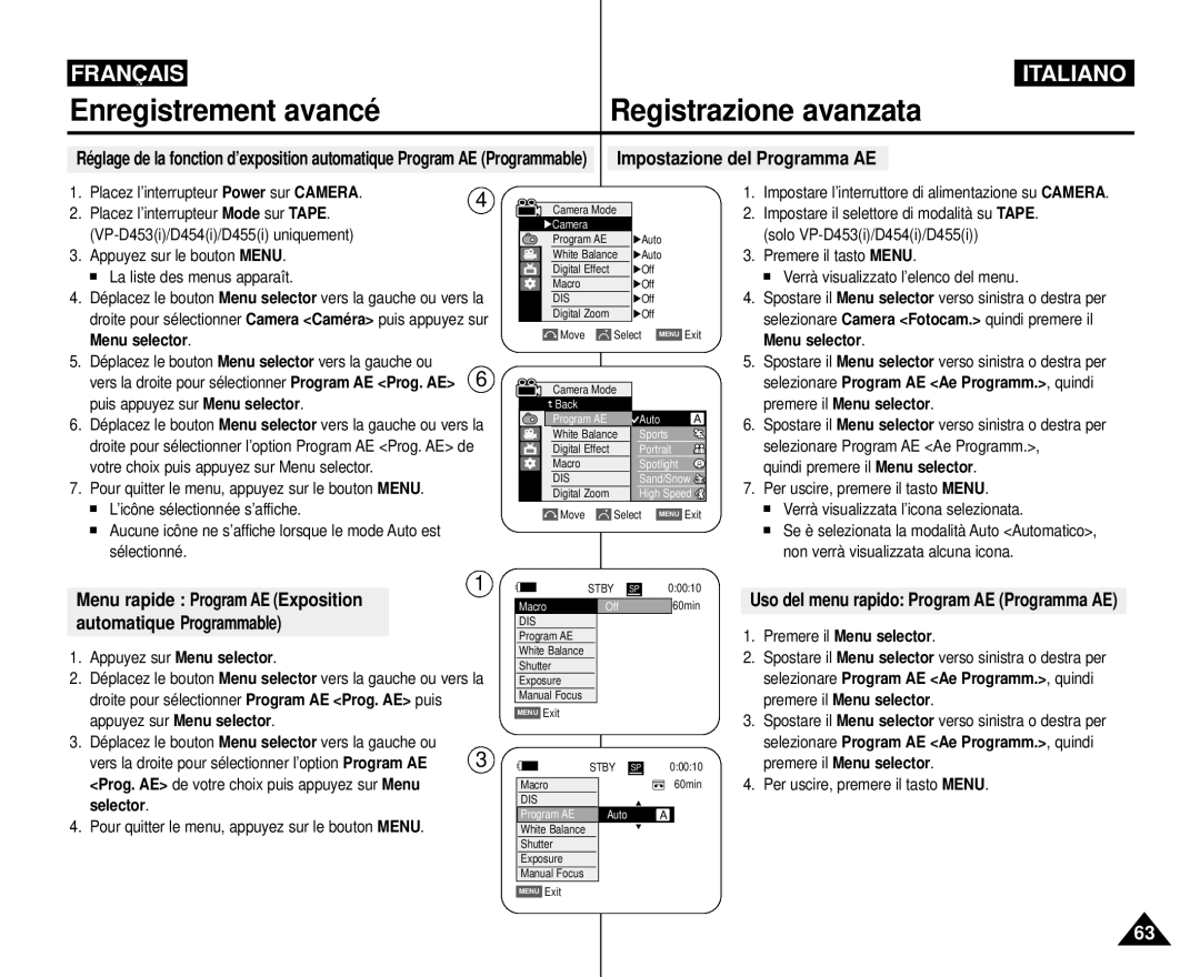 Samsung VP-M110R/XEF manual Uso del menu rapido Program AE Programma AE, Impostazione del Programma AE 