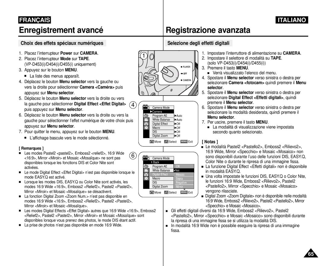 Samsung VP-M110R/XEF manual Enregistrement avancé, Choix des effets spéciaux numériques 