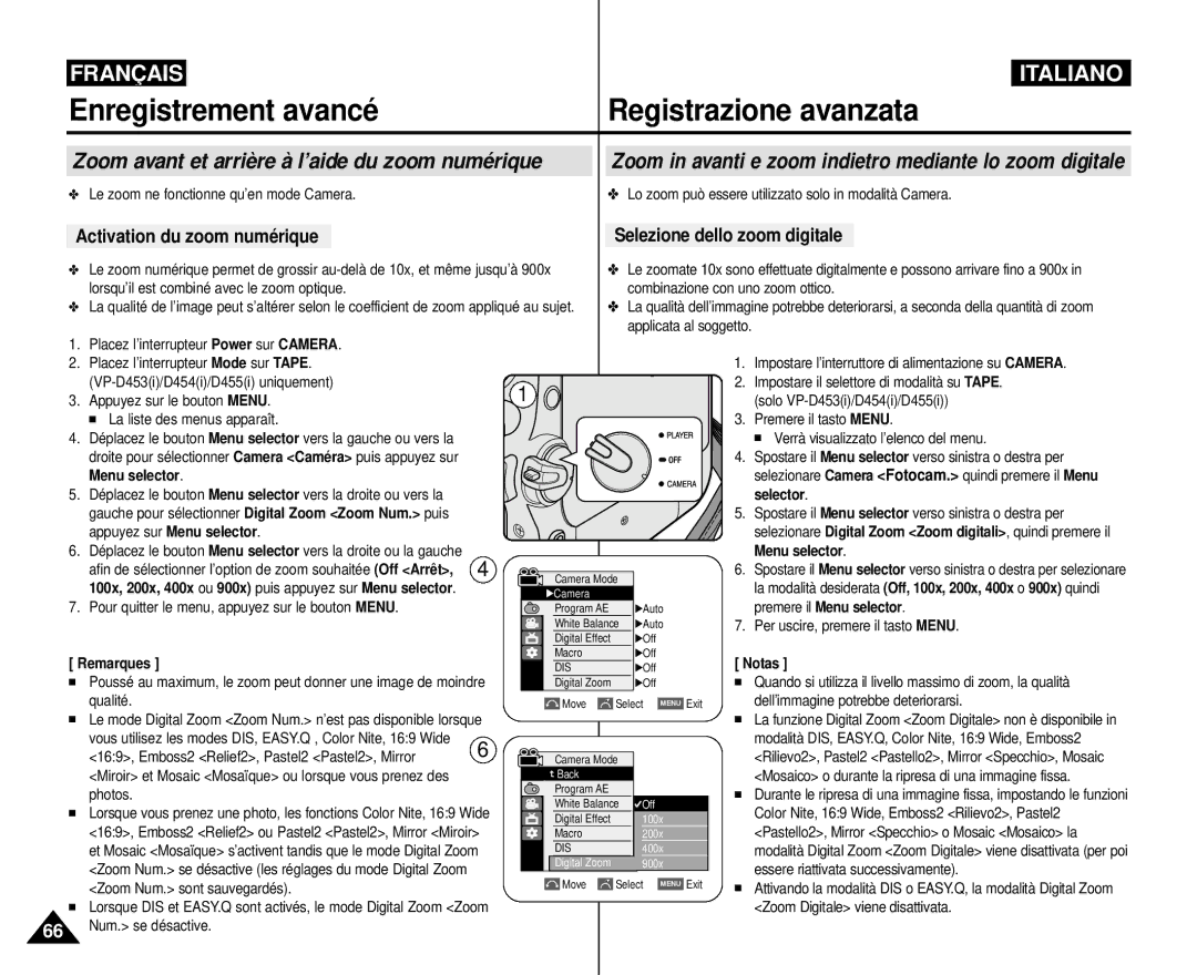 Samsung VP-M110R/XEF manual Zoom avant et arrière à l’aide du zoom numérique, Activation du zoom numérique 