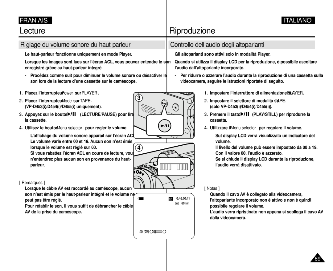 Samsung VP-M110R/XEF manual Lecture Riproduzione, Réglage du volume sonore du haut-parleur, Lorsque le volume est réglé sur 