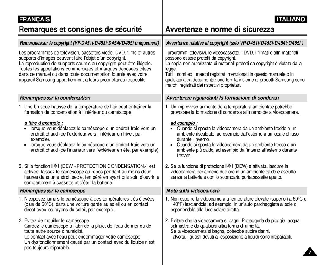 Samsung VP-M110R/XEF manual Remarques sur la condensation, Remarques sur le caméscope 