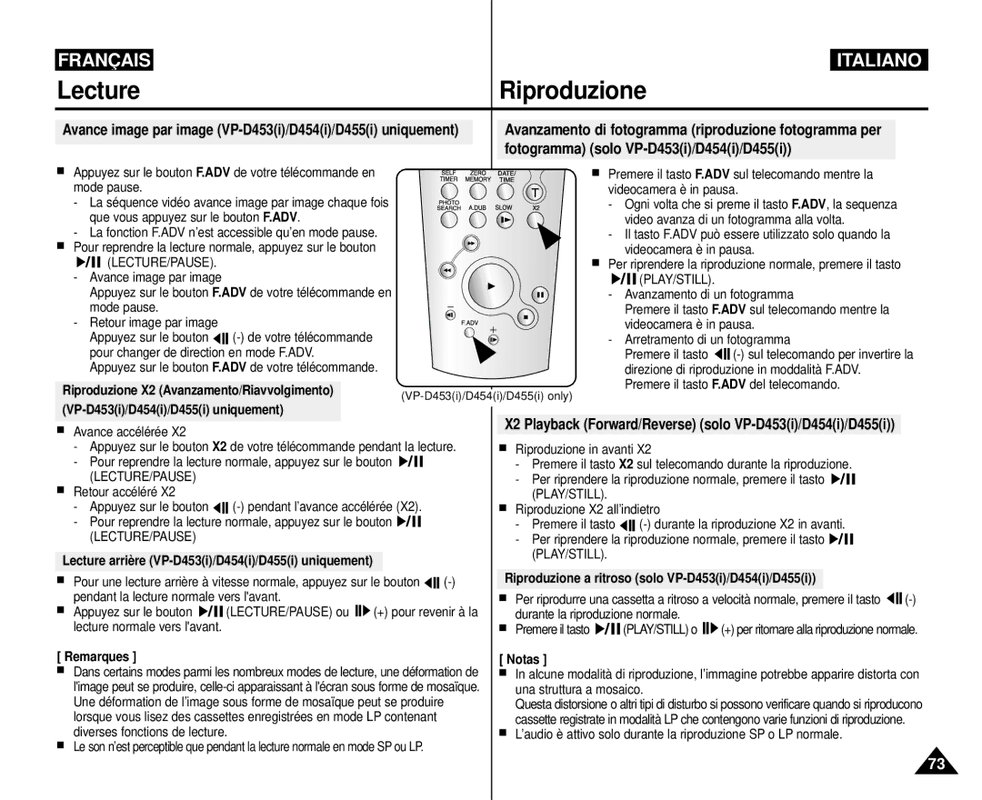 Samsung VP-M110R/XEF manual Fotogramma solo VP-D453i/D454i/D455i, X2 Playback Forward/Reverse solo VP-D453i/D454i/D455i 