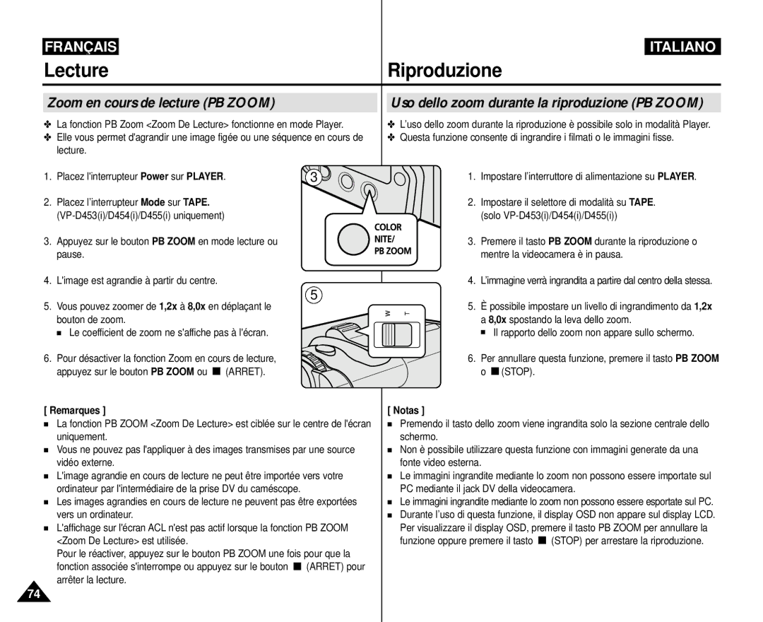 Samsung VP-M110R/XEF manual Lecture, Zoom en cours de lecture PB Zoom, Uso dello zoom durante la riproduzione PB Zoom 