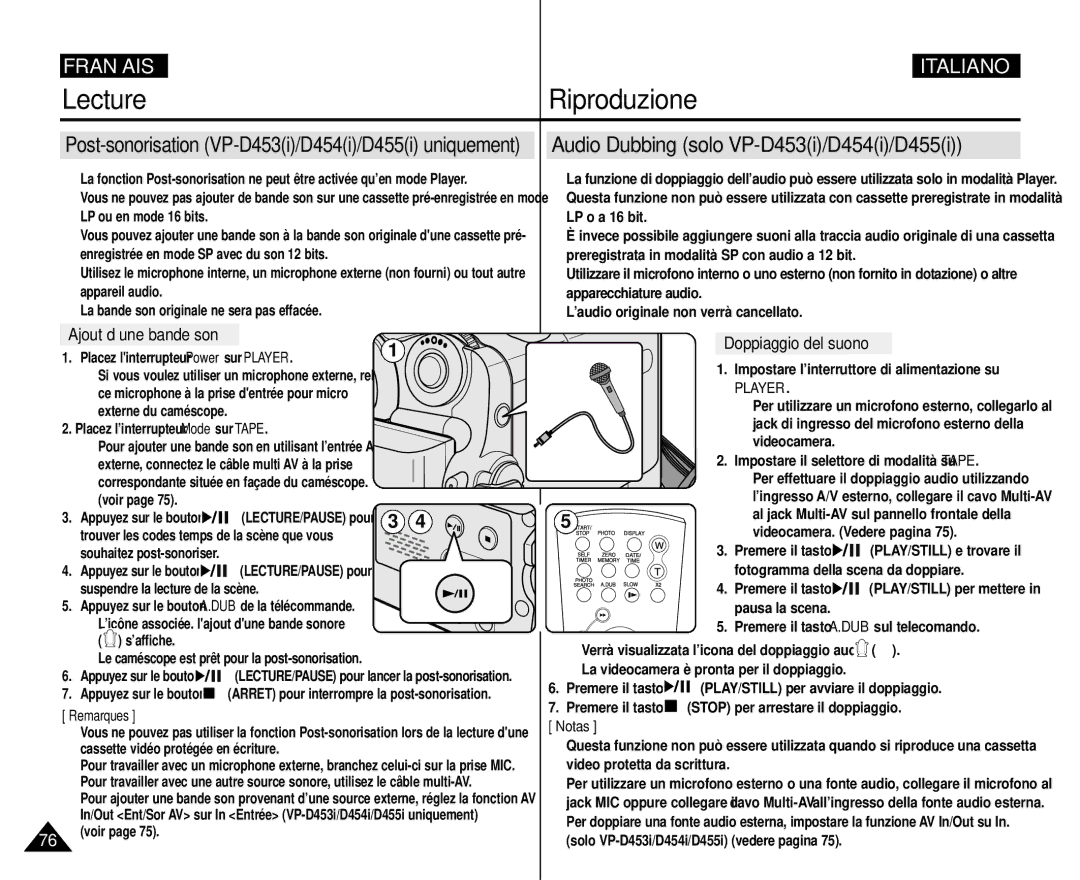 Samsung VP-M110R/XEF manual Audio Dubbing solo VP-D453i/D454i/D455i, Ajout d’une bande son, Doppiaggio del suono 