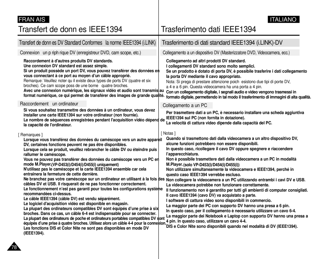 Samsung VP-M110R/XEF Trasferimento di dati standard IEEE1394 i.LINK-DV, Raccordement à un ordinateur, Collegamento a un PC 