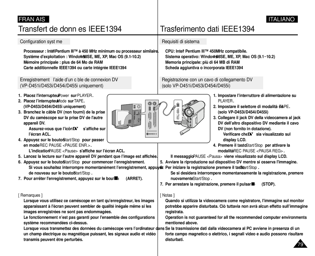 Samsung VP-M110R/XEF manual Transfert de données IEEE1394 Trasferimento dati IEEE1394, Requisiti di sistema 