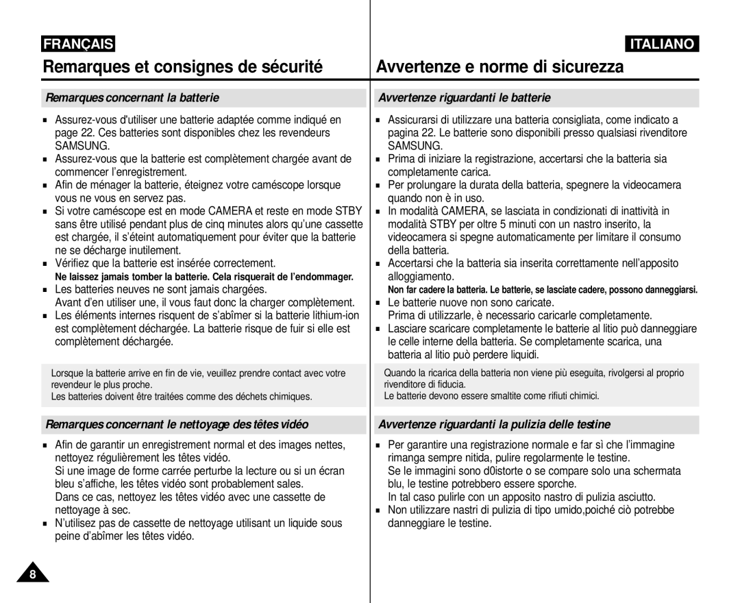 Samsung VP-M110R/XEF manual Remarques concernant la batterie, Avvertenze riguardanti le batterie 