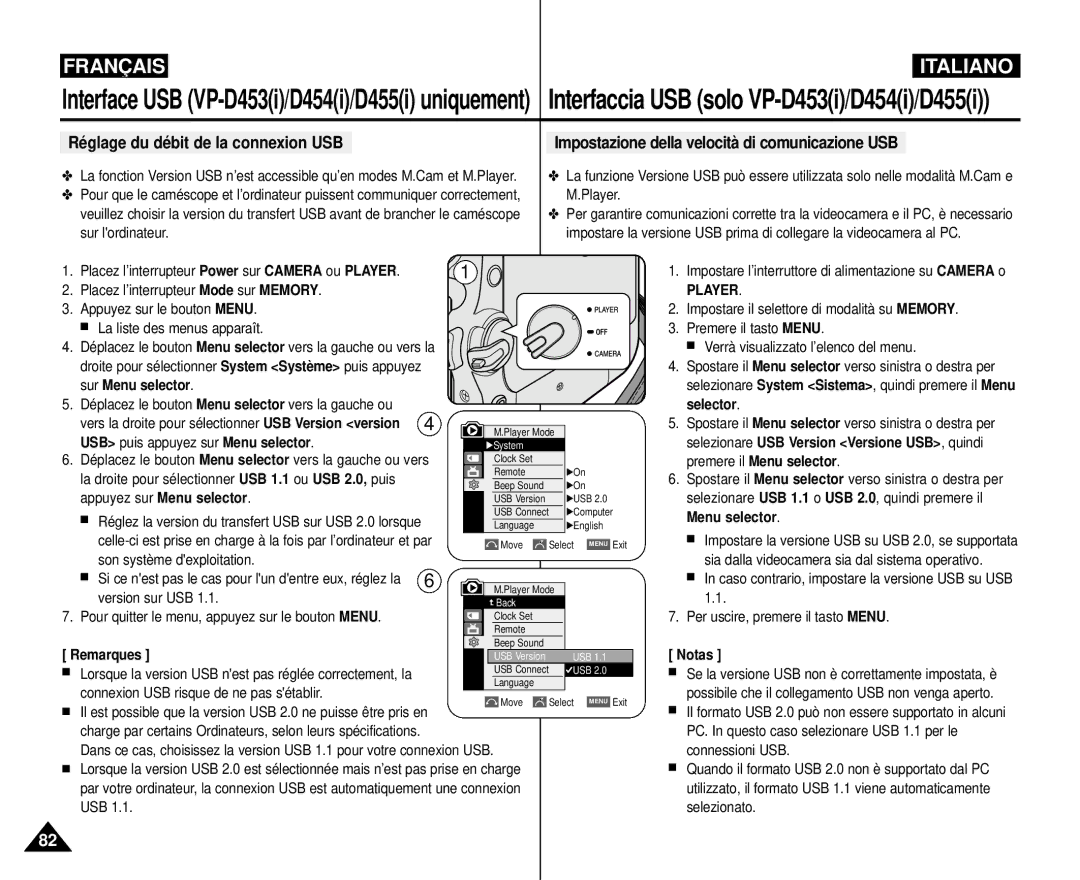 Samsung VP-M110R/XEF manual Réglage du débit de la connexion USB, Impostazione della velocità di comunicazione USB 