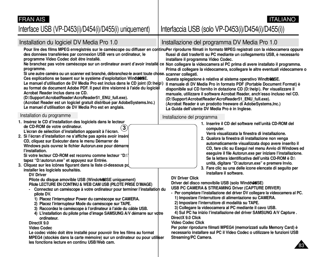 Samsung VP-M110R/XEF manual Installation du logiciel DV Media Pro, Installazione del programma DV Media Pro 