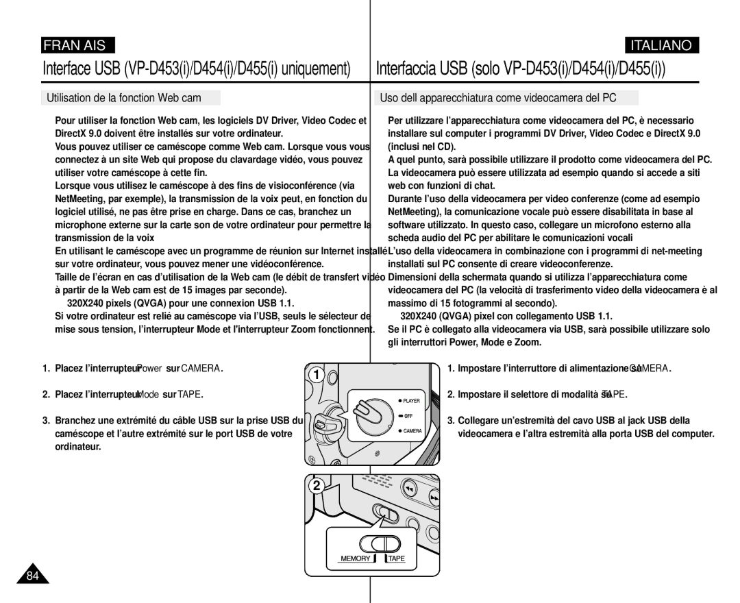 Samsung VP-M110R/XEF manual Utilisation de la fonction Web cam, Uso dell’apparecchiatura come videocamera del PC 