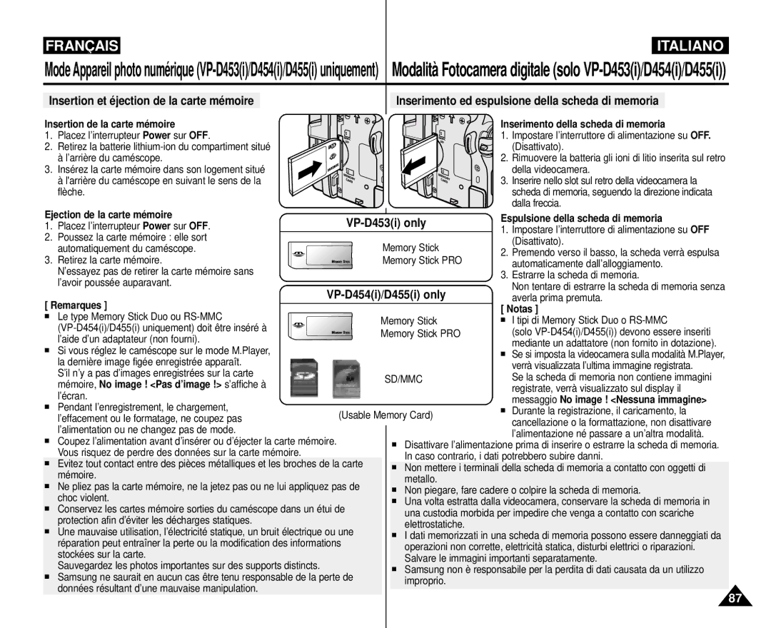 Samsung VP-M110R/XEF Insertion de la carte mémoire, Ejection de la carte mémoire, Inserimento della scheda di memoria 